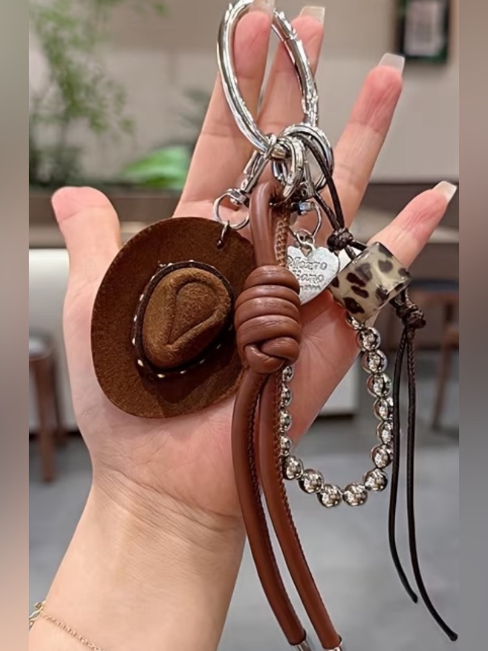 Brown Leather Tassel Keyring with Hat Charm & Rhinestone Loop